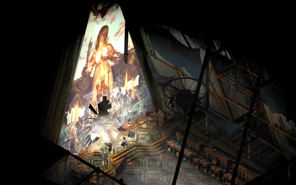 HD desktop wallpaper featuring artwork from Disco Elysium with ethereal figure and urban backdrop.