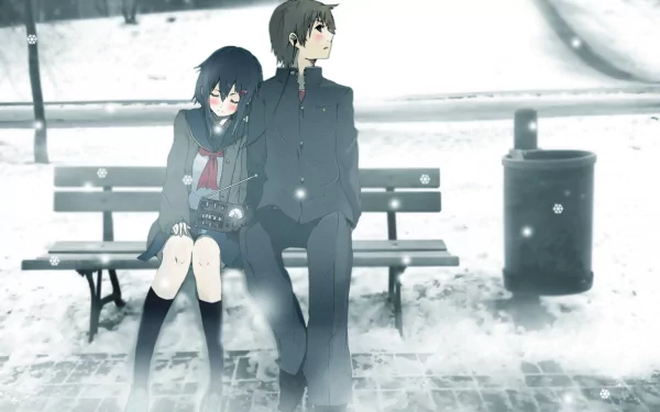 Anime couple sitting closely on a bench in a snowy urban setting, depicted in a HD PC desktop wallpaper style with soft, muted colors and gentle snowfall.