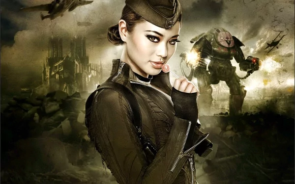 HD desktop wallpaper featuring Jamie Chung from the movie Sucker Punch, set against a dramatic backdrop with a post-apocalyptic ambiance, including a futuristic soldier and aircraft.