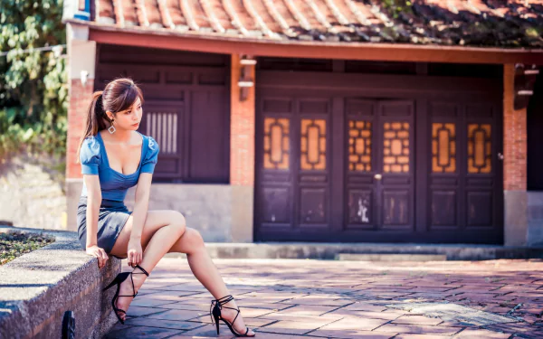 ponytail brunette blue dress depth of field high heels model woman asian HD Desktop Wallpaper | Background Image