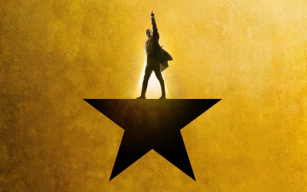 4K Ultra HD wallpaper of a silhouette inspired by Lin-Manuel Miranda's Hamilton, featuring a figure standing on a large black star against a textured golden background.