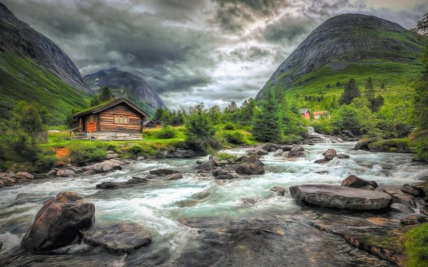 Photography Landscape Mountain River Norway Stone Cabin HD Wallpaper | Background Image