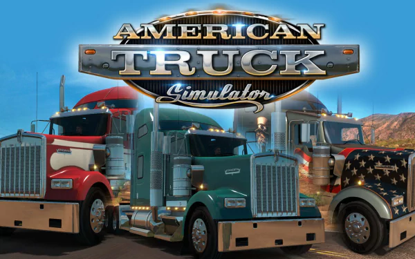 HD desktop wallpaper featuring American Truck Simulator with detailed trucks in the foreground and scenic backdrop.