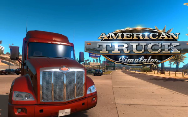 HD desktop wallpaper of American Truck Simulator featuring a red truck on a sunny highway with the game's logo in the background.