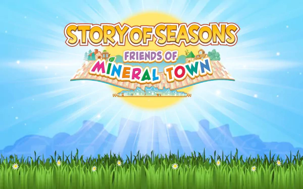 HD desktop wallpaper of Story of Seasons: Friends of Mineral Town with the game's logo over a vibrant grassy landscape and a clear blue sky.