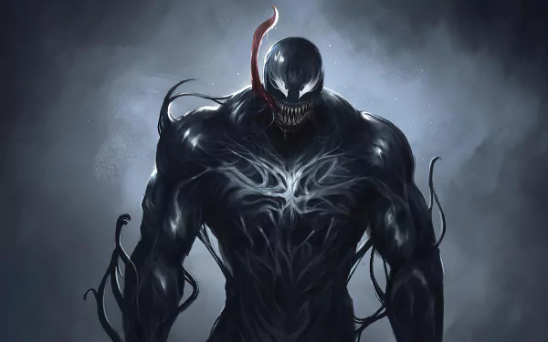 4K Ultra HD PC desktop wallpaper featuring Venom from the comic series, depicted with a menacing smile and muscular build against a smoky, dark background.