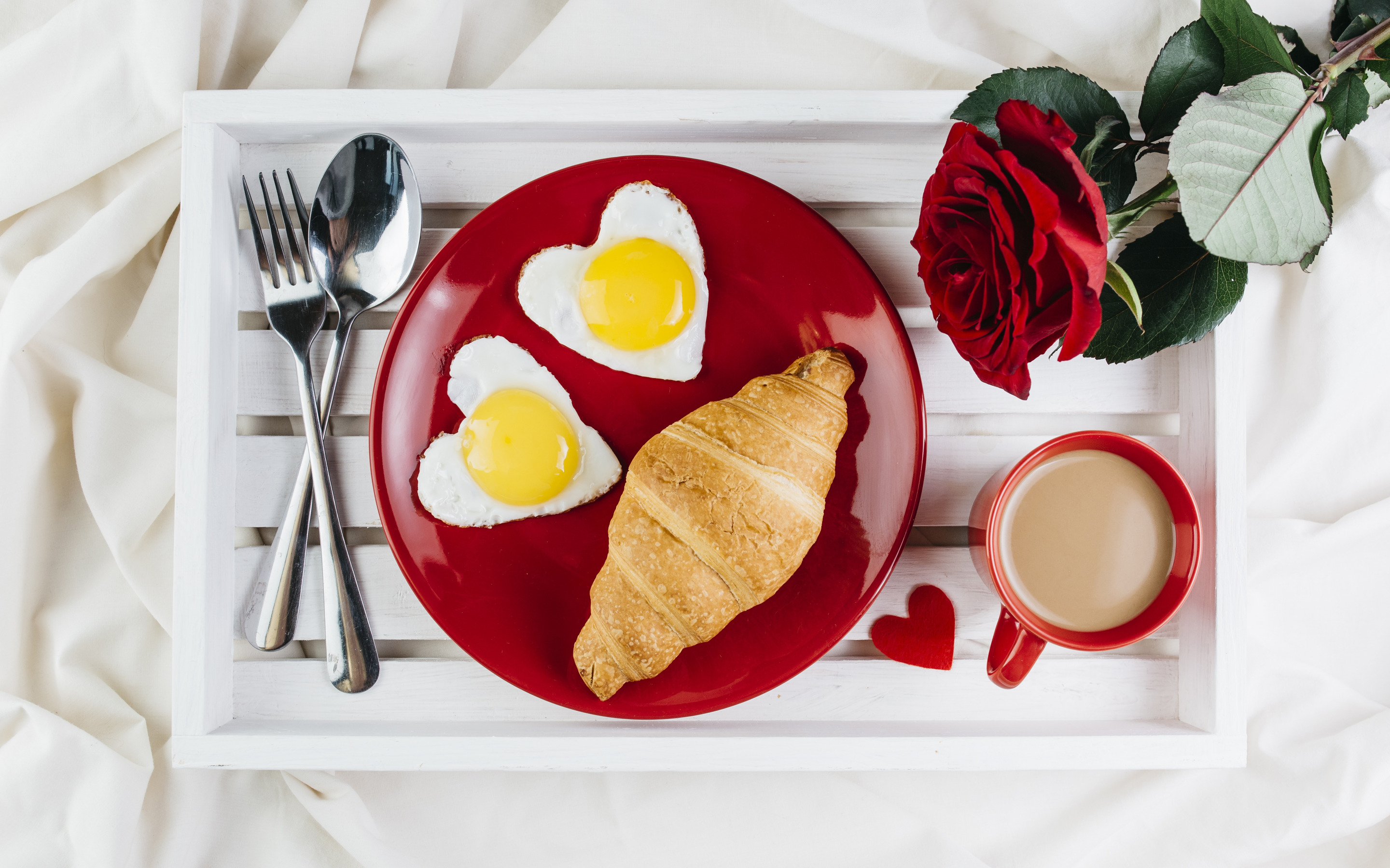 Download Heart-shaped Egg Croissant Coffee Rose Food Breakfast HD Wallpaper