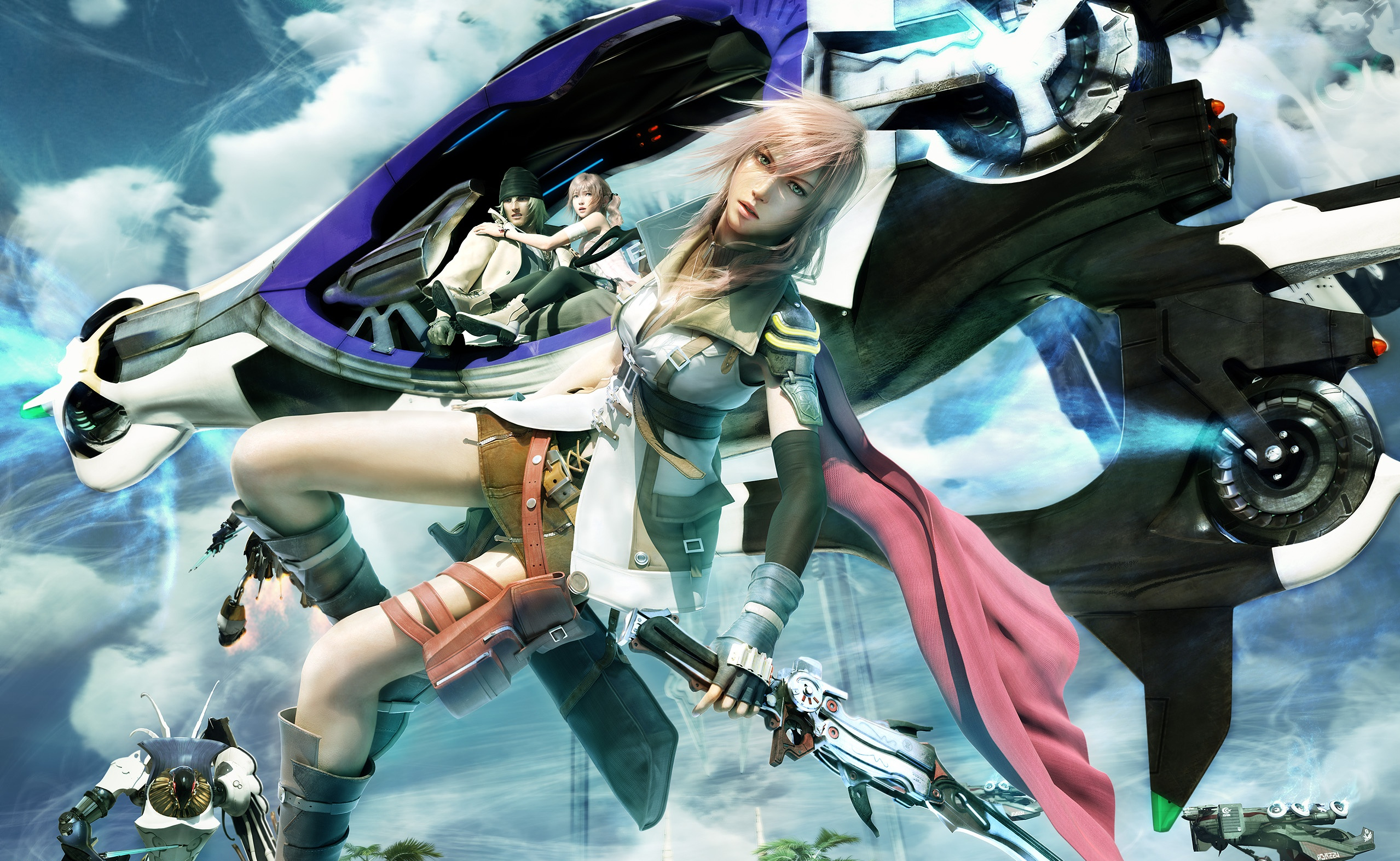 Final Fantasy XIII desktop wallpaper featuring Lightning, Snow Villiers, and Serah Farron.