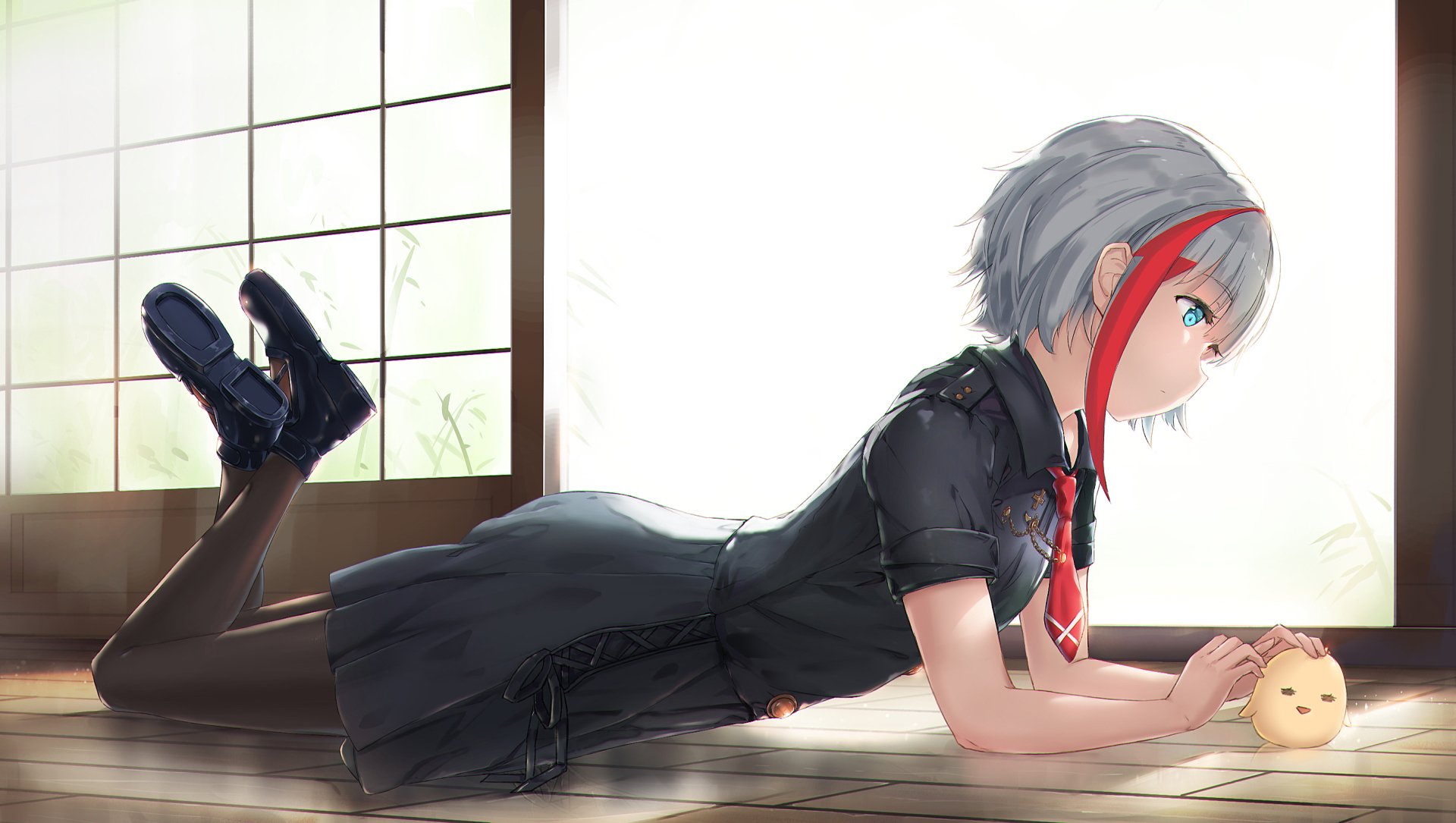 Anime-style HD wallpaper of Admiral Graf Spee from Azur Lane with aqua eyes and short hair, dressed in a uniform, lying on the floor next to a small Manjuu.