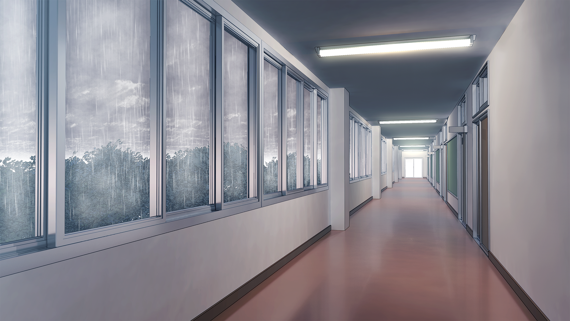 Anime-style HD desktop wallpaper depicting a rainy corridor with large windows and soft lighting, capturing a calm and reflective atmosphere.