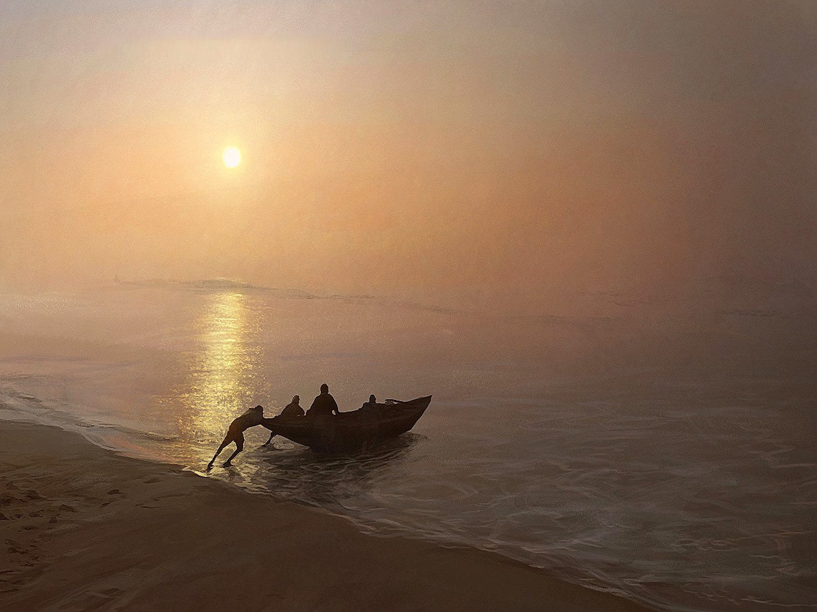 HD desktop wallpaper featuring an artistic painting of figures pushing a boat into calm waters at sunrise, creating a serene and tranquil sunrise scene.