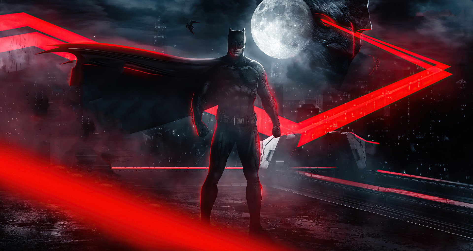 DC Comics Batman comic 2K Quad HD PC wallpaper: Batman stands on a rain-slick rooftop under a full moon, cape billowing as red laser beams cut across the dark city skyline.