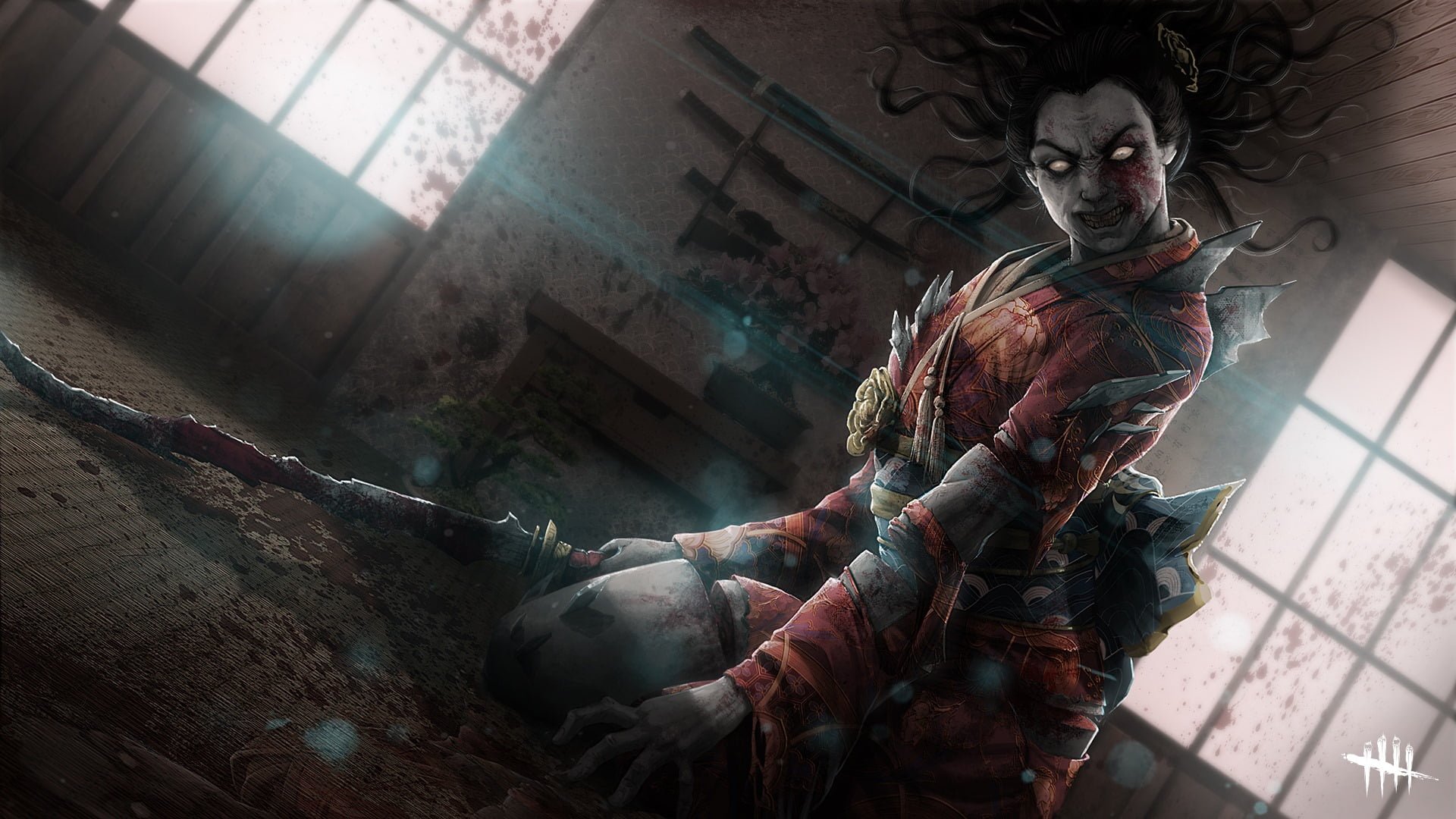 HD PC desktop wallpaper of Dead By Daylight: a ghostly killer kneels in a blood-splattered room, pale glowing eyes, flowing hair and a blade, eerie light streaming through broken windows.