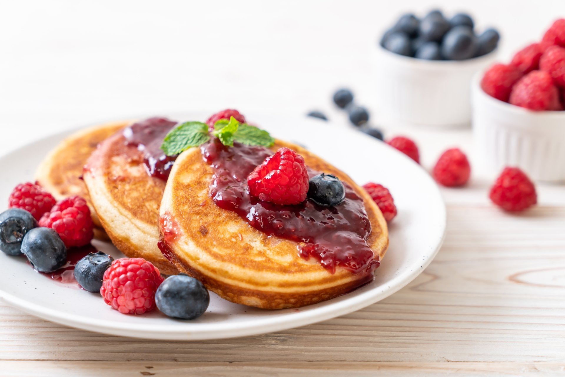 Download Still Life Breakfast Fruit Blueberry Raspberry Berry Food Pancake 8k Ultra HD Wallpaper