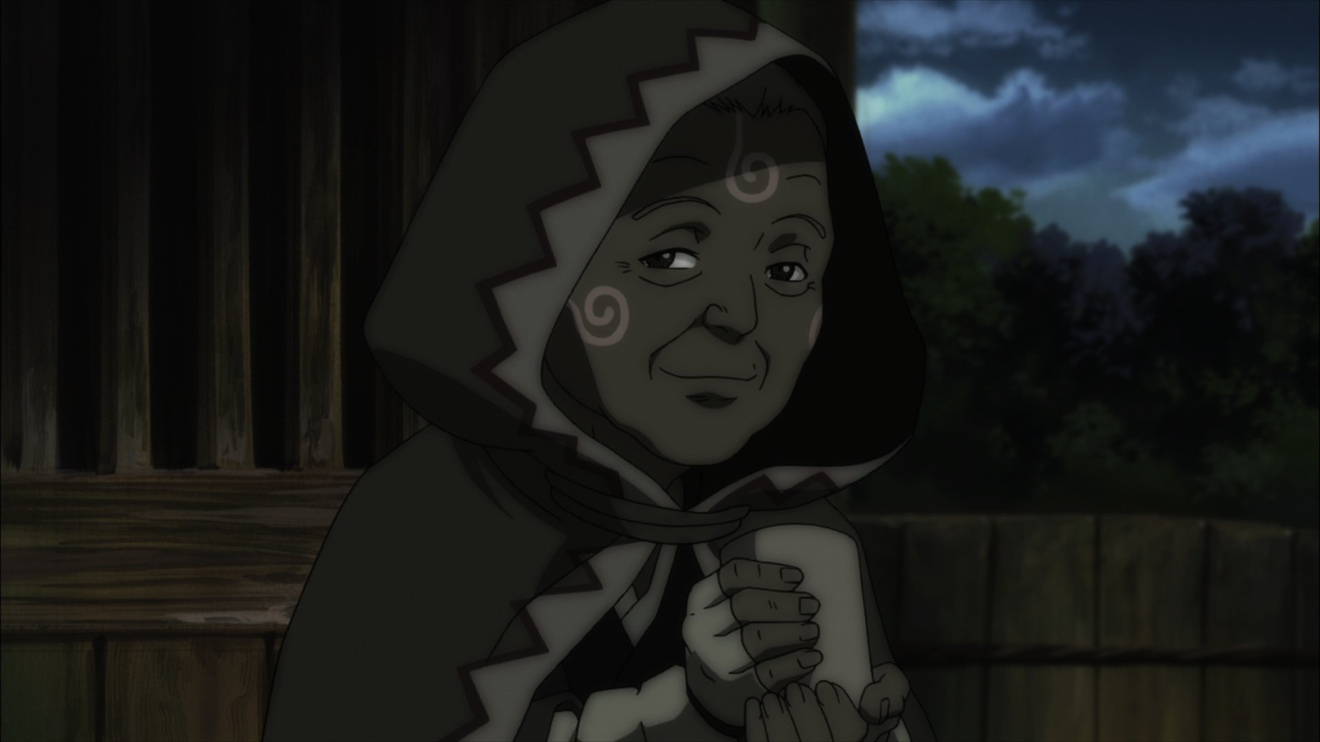 Blade of the Immortal anime HD PC desktop wallpaper: hooded elderly woman clutching a cup on a wooden porch under a cloudy night sky.