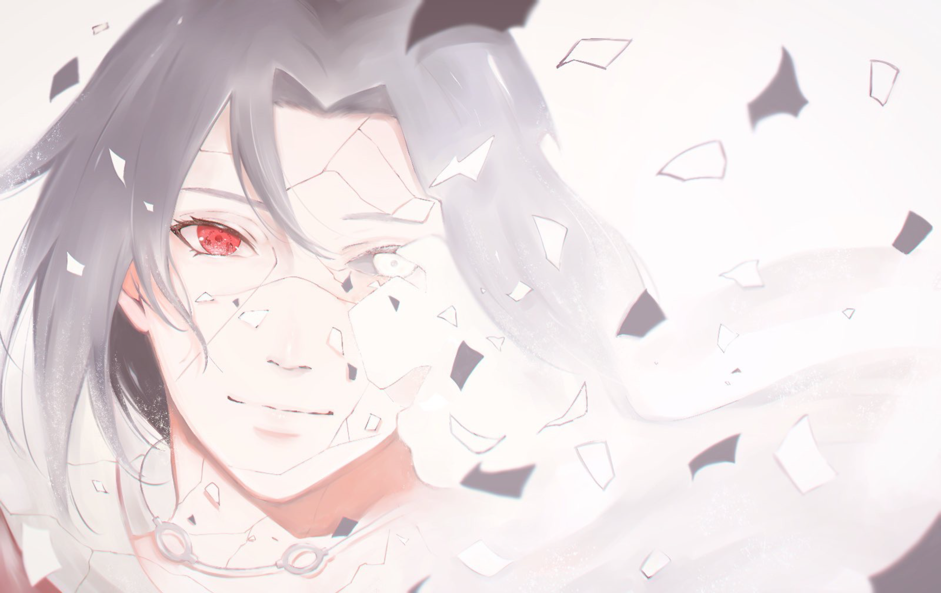 HD PC desktop wallpaper featuring Itachi Uchiha from the anime Naruto, depicted with his signature red Sharingan eyes amidst floating shards.