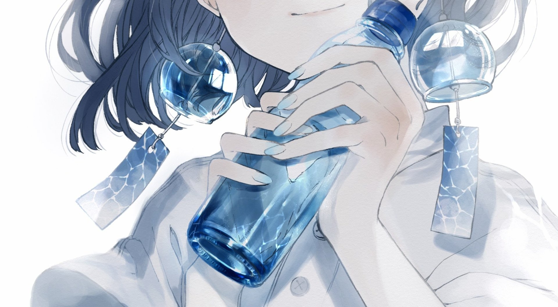 Anime-style HD desktop wallpaper featuring a close-up of a character holding a translucent blue bottle, with wind chimes and soft lighting enhancing the original artwork.
