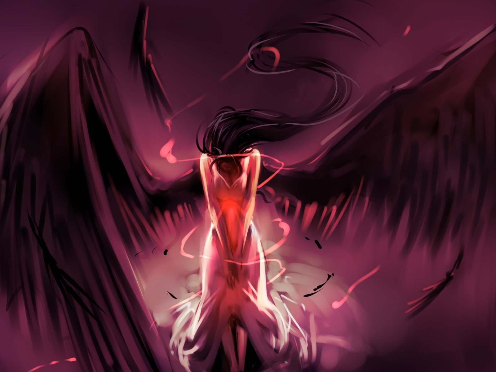 An artistic painting featuring a dark figure with large wings, surrounded by a vibrant, abstract aura. A high-definition wallpaper and background for desktop use.