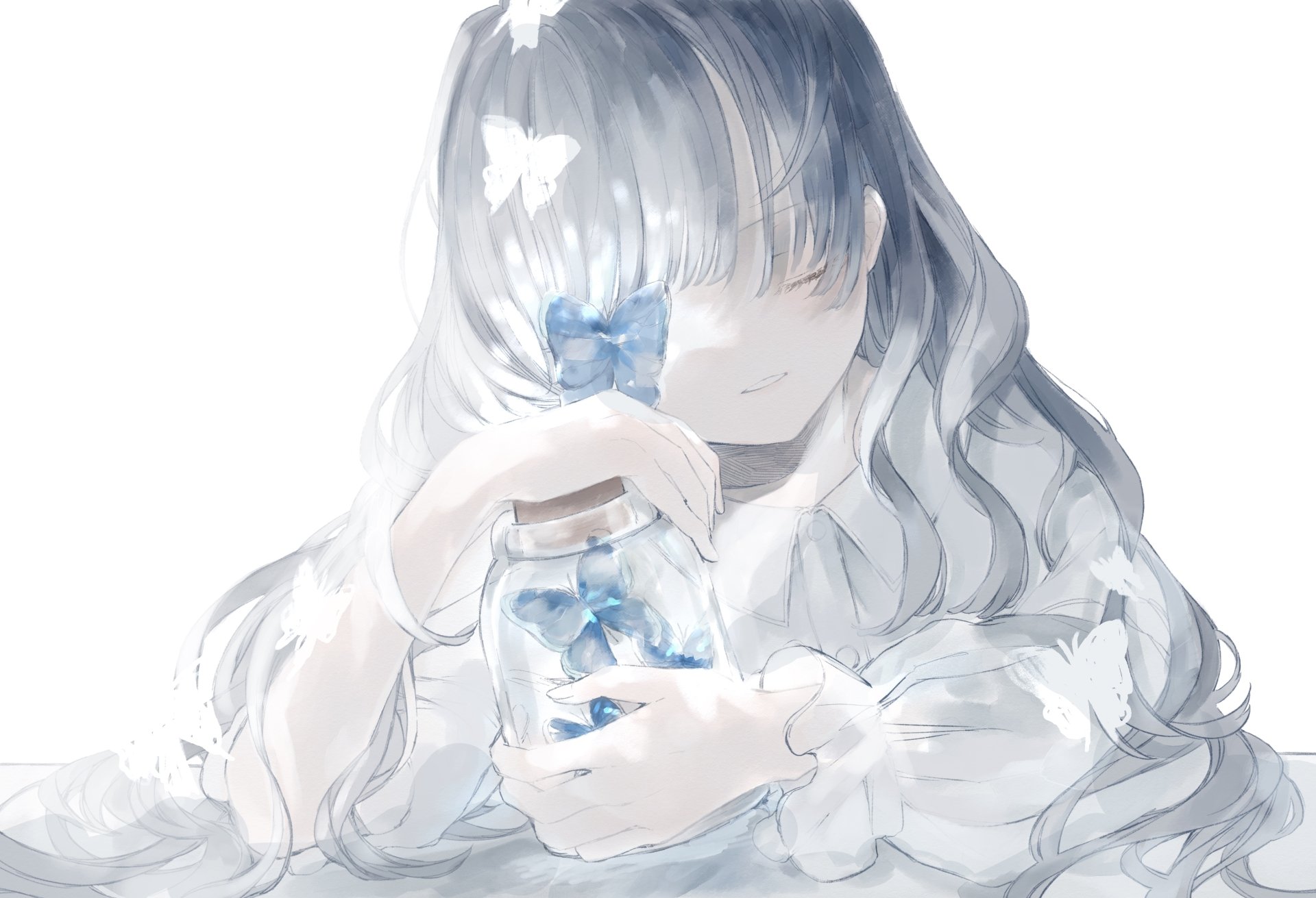 HD anime-style original artwork of a girl with long hair holding a jar of blue butterflies, set against a soft, ethereal background for a PC desktop wallpaper.