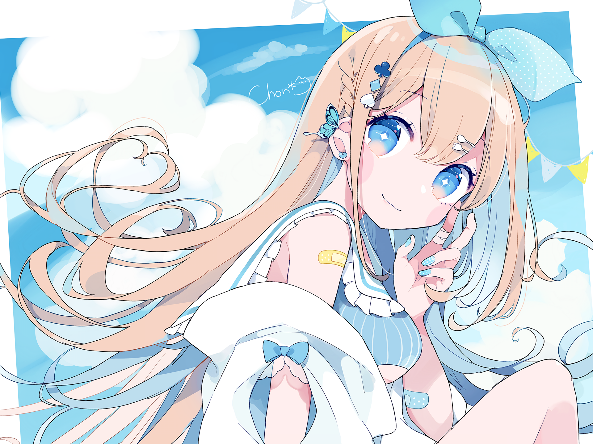 Original anime 2K Quad HD PC desktop wallpaper/background: blue-eyed blonde girl in sailor-style outfit and hair bow, fingers to cheek, flowing hair, bandage, bright sky, clouds and bunting.