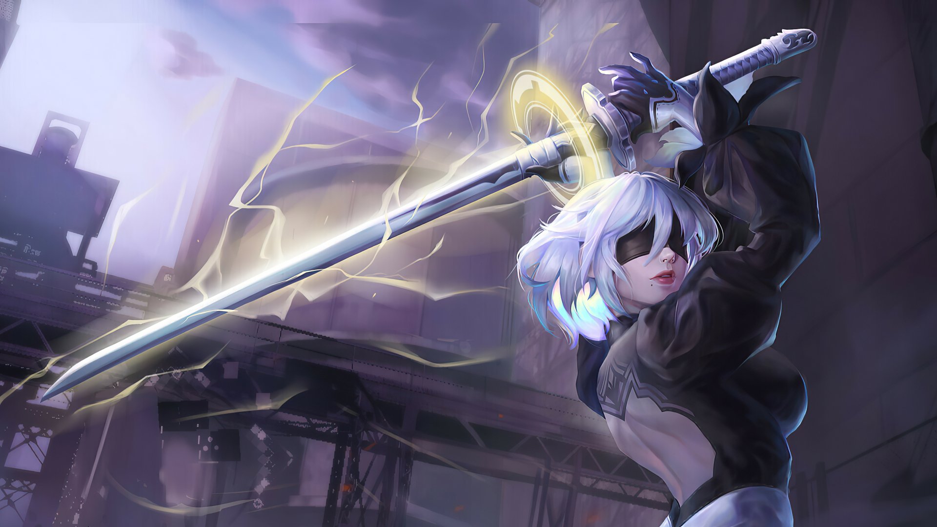 4K Ultra HD wallpaper featuring YoRHa No.2 Type B from the video game NieR: Automata, wielding a glowing sword against a stormy industrial backdrop.