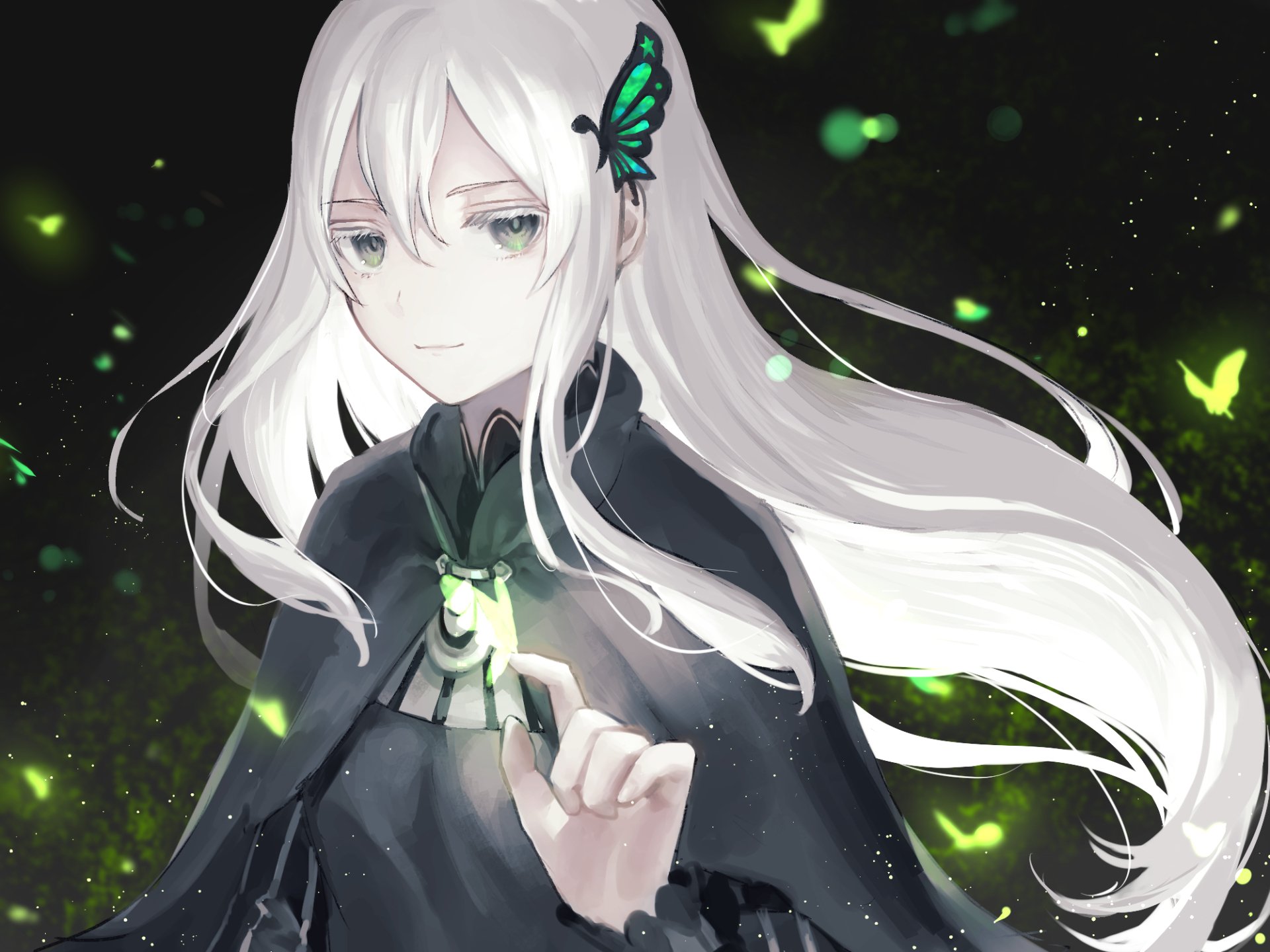 A HD desktop wallpaper featuring Echidna from the anime Re:Zero - Starting Life in Another World. Echidna has long white hair, with a butterfly motif, set against a dark background with glowing green elements.