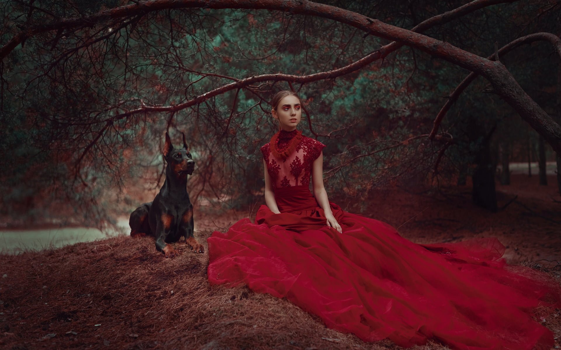 Download Doberman Pinscher Dog Woman Model HD Wallpaper