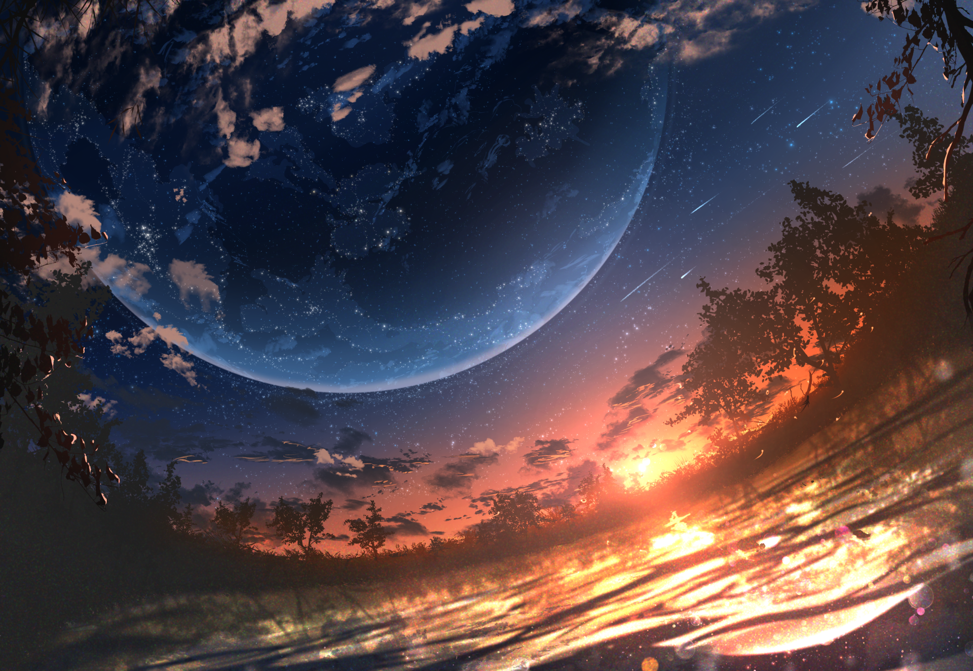 Download Lake Starry Sky Planet Shooting Star Anime Sunset HD Wallpaper