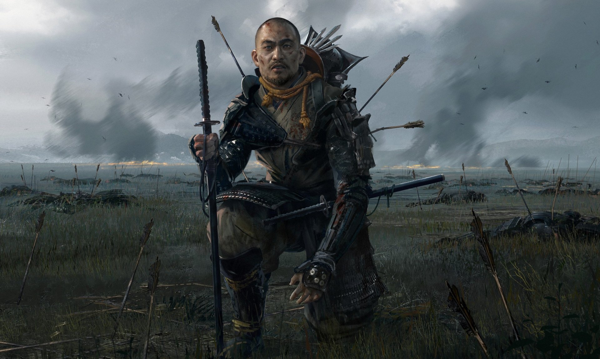 Ghost of Tsushima samurai warrior in battered armor, kneeling with weapons—katana and arrows—on a misty battlefield. HD PC desktop wallpaper/background.
