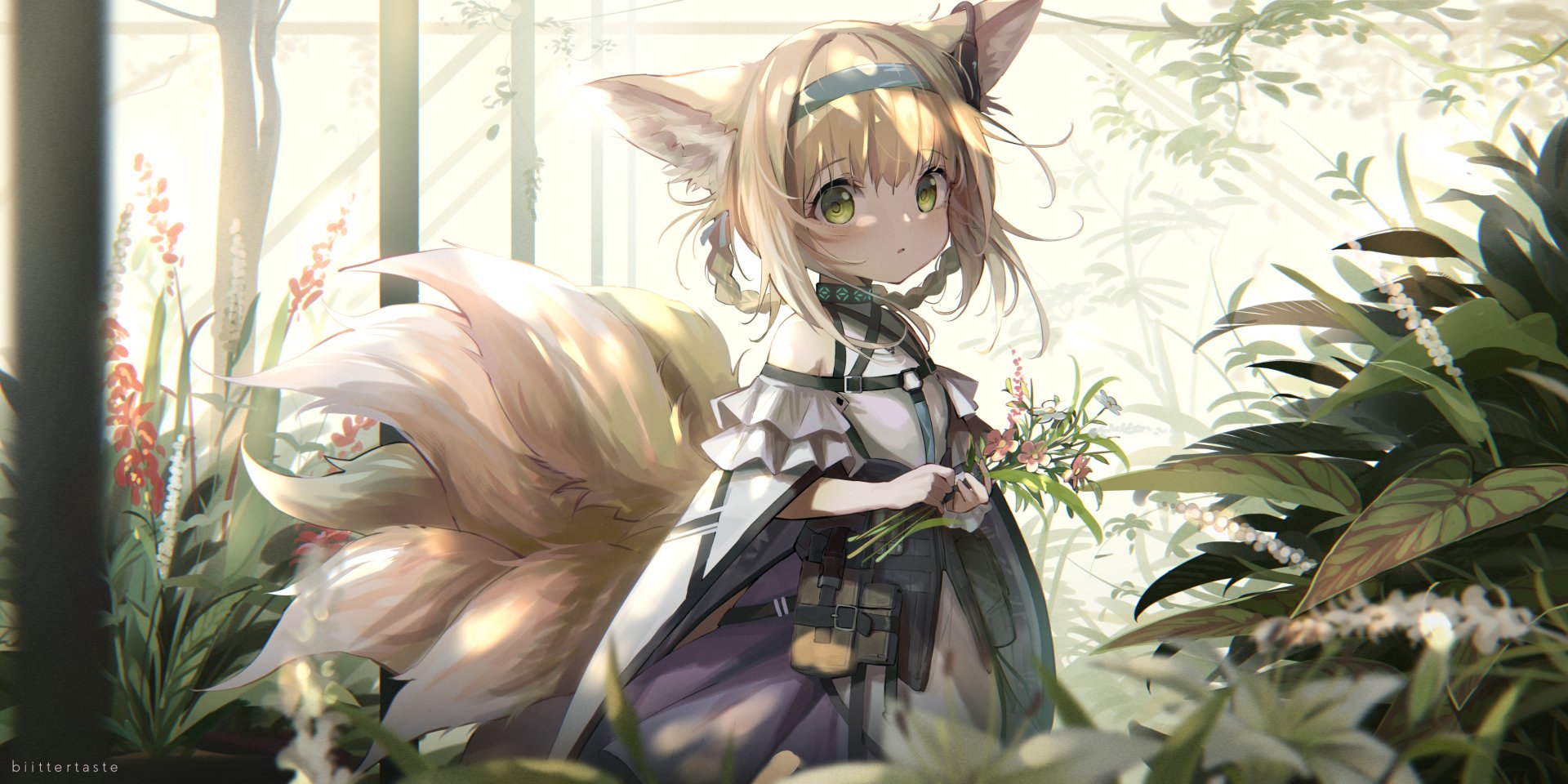 HD desktop wallpaper featuring Suzuran from Arknights with green eyes, blonde hair, and animal ears, set against a lush, softly lit natural background.