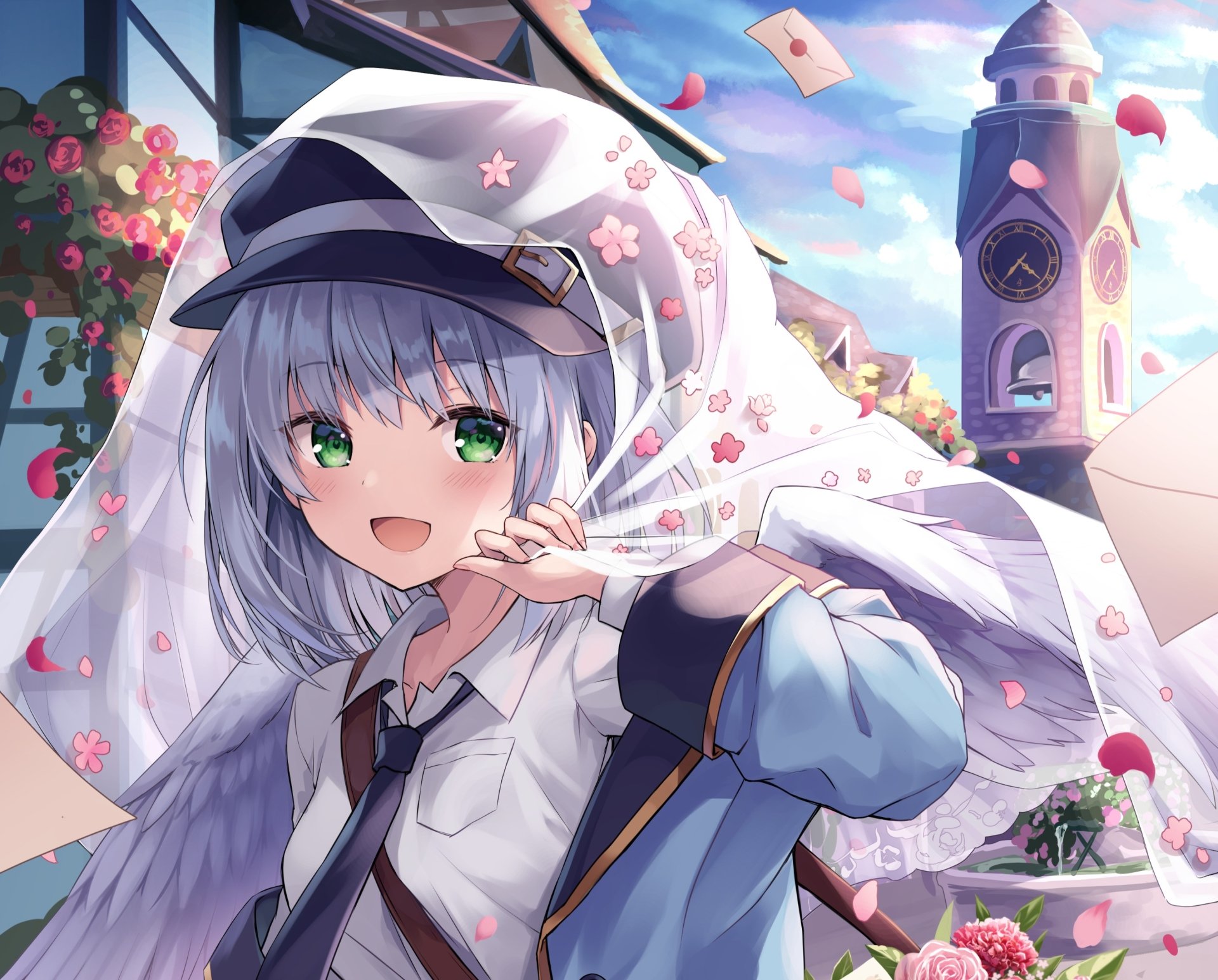 Download Blossom Flower Green Eyes Grey Hair Hat Anime Original HD Wallpaper by くれ〜ぷ