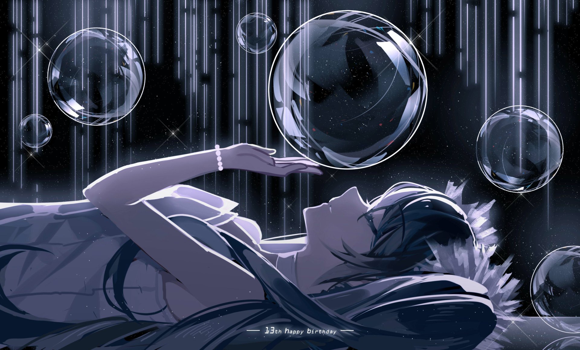 Hatsune Miku, an anime Vocaloid character, is depicted lying down surrounded by floating bubbles in this HD desktop wallpaper background with a dark and ethereal theme.