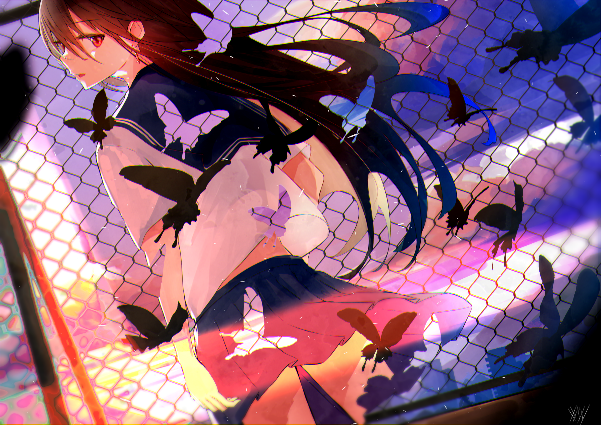 Anime original 2K Quad HD PC desktop wallpaper and background: girl in a school uniform by a chain-link fence, dark butterflies fluttering against a vivid pink-purple sky.
