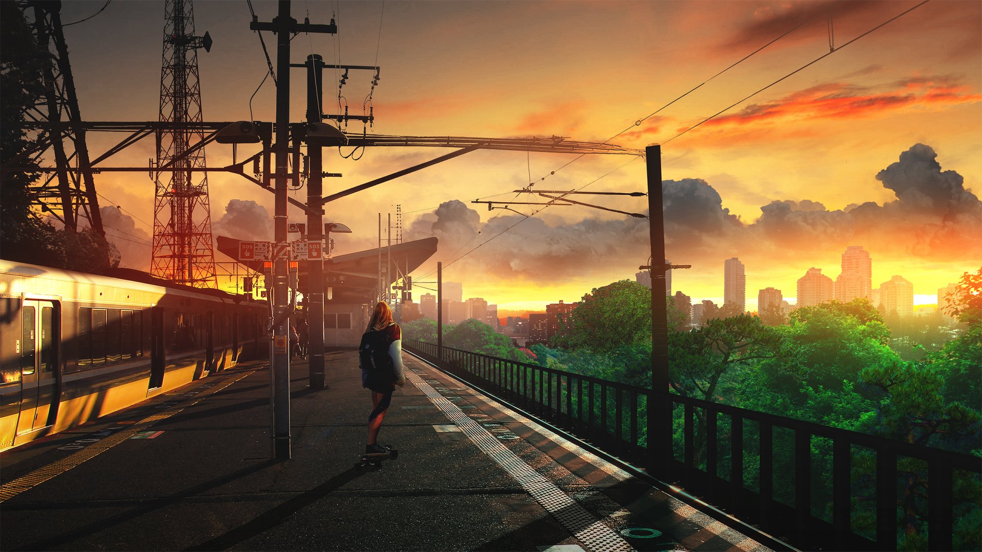 Download Sunset Train Station Anime Original Train HD Wallpaper By