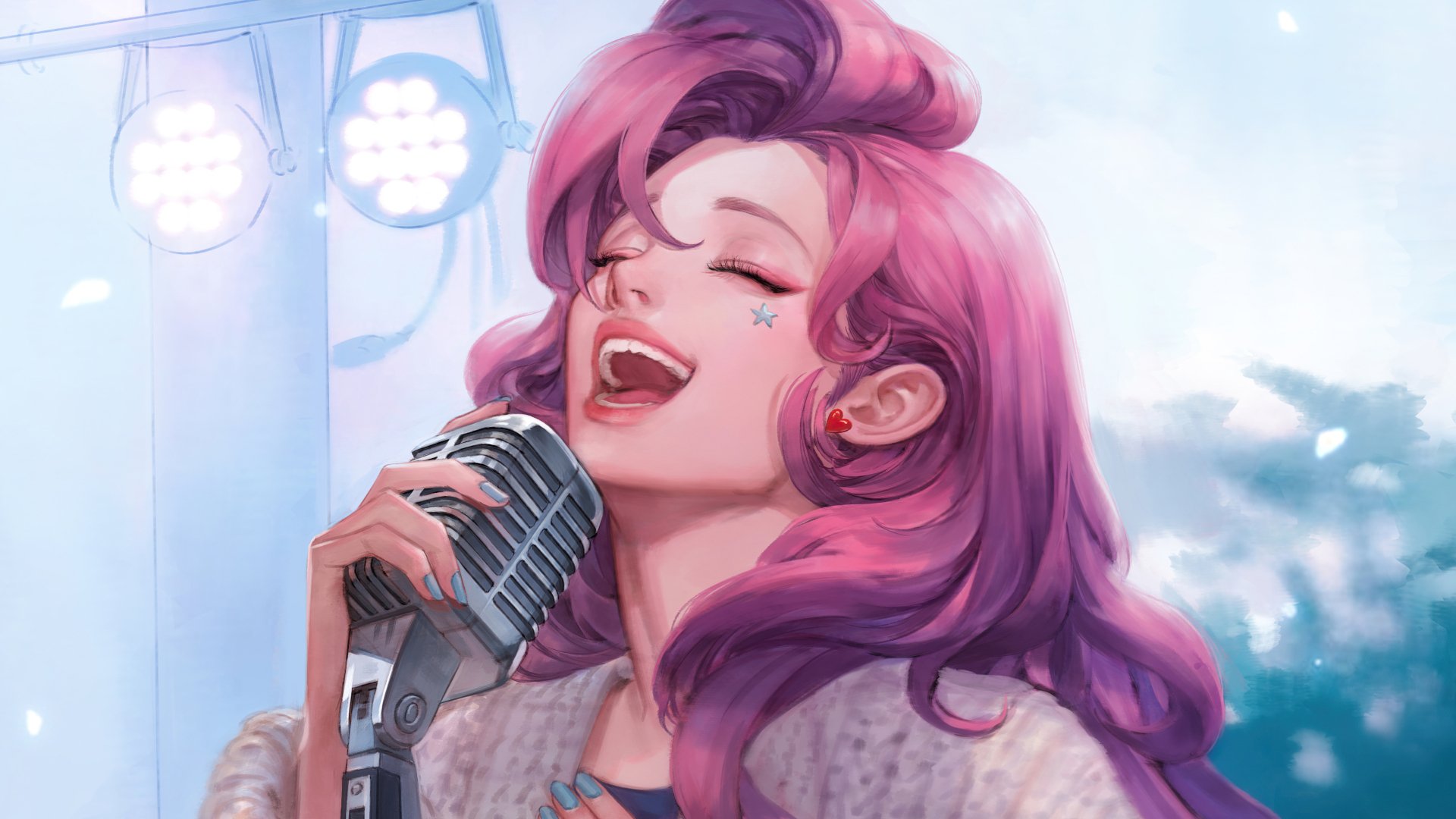 4K Ultra HD PC wallpaper of League of Legends character Seraphine with flowing pink hair, eyes closed, singing into a vintage microphone on a dreamy, softly lit stage.