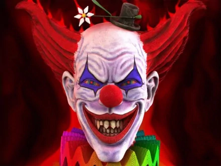 A dark and sinister clown grins menacingly against a vivid red background, featuring exaggerated features and colorful attire, making for a striking HD desktop wallpaper.