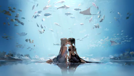 Anime-style HD wallpaper showing two characters with black and white hair, wearing dresses, sitting underwater. They're surrounded by various fish and sea life with a serene, reflective ambiance.