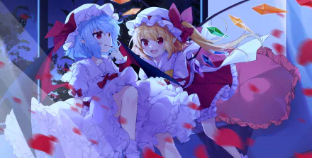 blue hair blonde red dress Remilia Scarlet Flandre Scarlet Anime Touhou HD Desktop Wallpaper | Background Image
