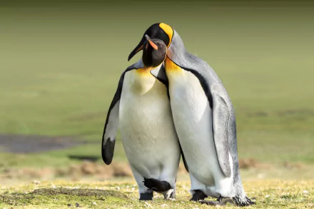 Two penguins nuzzling on grassy ground, captured in a vibrant 4K Ultra HD PC desktop wallpaper showcasing detailed animal features.