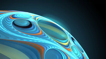 Abstract spherical fractal of swirling blue, teal and orange layers on a dark gradient — 4K Ultra HD PC desktop wallpaper.