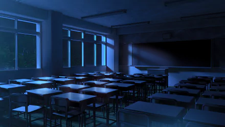 A serene, dimly lit anime-style classroom at night, captured in high definition, showing rows of empty desks and chairs with a large blackboard, illuminated by moonlight streaming through the windows.