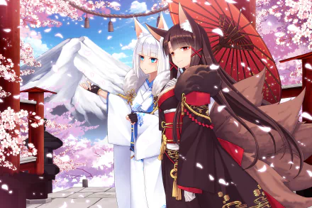 long hair brown hair white hair animal ears blossom umbrella kimono Kaga (Azur Lane) Akagi (Azur Lane) Anime Azur Lane HD Desktop Wallpaper | Background Image