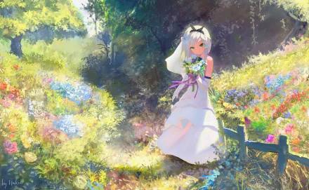 Anime original 4K Ultra HD PC desktop wallpaper/background: a white-hooded girl in a flowing dress gathers wildflowers in a sunlit, colorful meadow beside a rustic wooden fence.