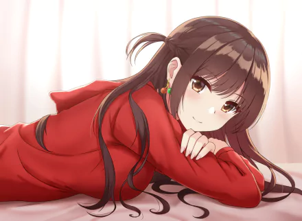 HD desktop wallpaper featuring Chizuru Ichinose from the anime 'Rent-A-Girlfriend' (Kanojo Okarishimasu). She has long brown hair and brown eyes, depicted lying down in a red outfit.