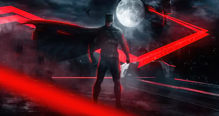 DC Comics Batman comic 2K Quad HD PC wallpaper: Batman stands on a rain-slick rooftop under a full moon, cape billowing as red laser beams cut across the dark city skyline.