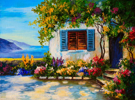Colorful artistic painting of a house with blue shutters, a lush flower garden and stone steps by the sea — HD PC desktop wallpaper and background.