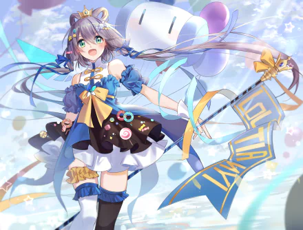 Vibrant Luo Tianyi Vocaloid anime art: cheerful girl in blue frilled outfit with ribbons and a banner staff, floating against a bright sky — 2K Quad HD PC desktop wallpaper/background.