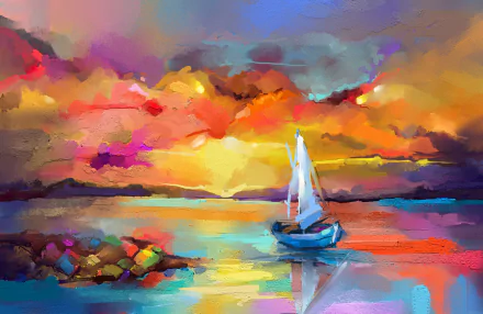 paint boat sail dawn sea artistic painting HD Desktop Wallpaper | Background Image