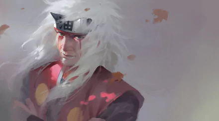 HD anime wallpaper featuring Jiraiya from Naruto, depicted with flowing white hair and a focused expression against a soft, muted background.