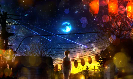 Anime-style HD desktop wallpaper depicting a night sky with a glowing moon, lanterns, and silhouetted figure under a starry, vibrant anime night sky.